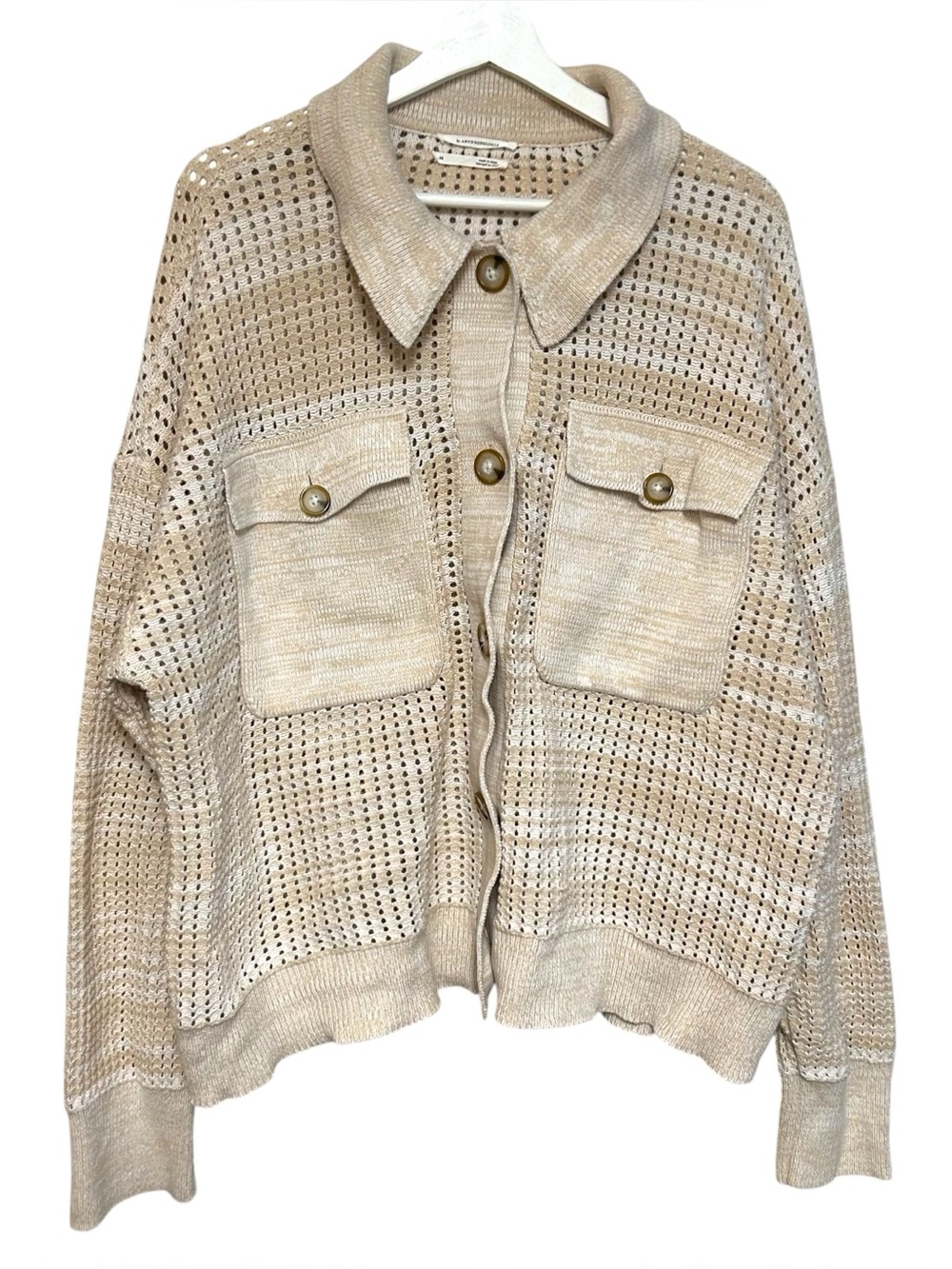 Anthropologie 2X Crocheted Pocket Collar Sweater Coat Sand Ivory Cardigan - Picture 14 of 16